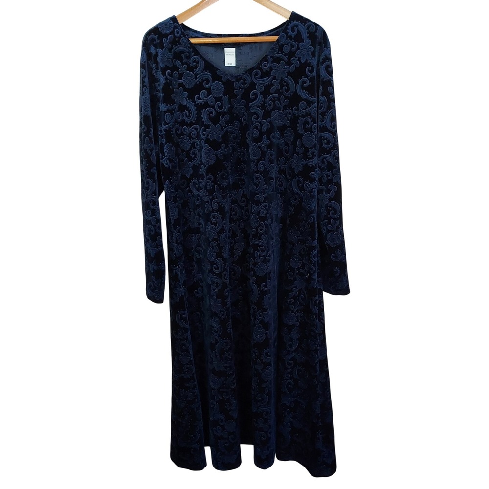 Navy Blue Burnout Velvet Floral Scroll Maxi Dress Whimsigoth Dark Romantic 3XL